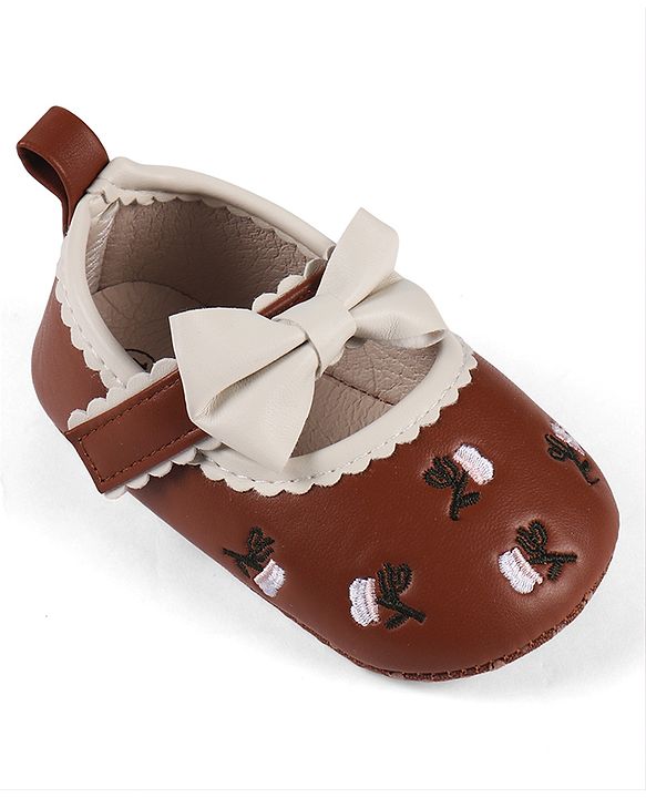 Cute Walk by Babyhug Velcro Closure Booties with Floral Embroidery & Bow Applique - White