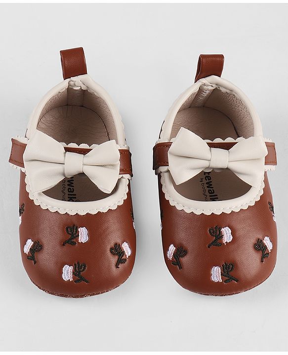 Cute Walk by Babyhug Velcro Closure Booties with Floral Embroidery & Bow Applique - White