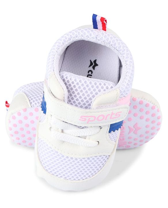 Cute Walk by Babyhug Velcro Closure Booties with Stripes - White & Pink