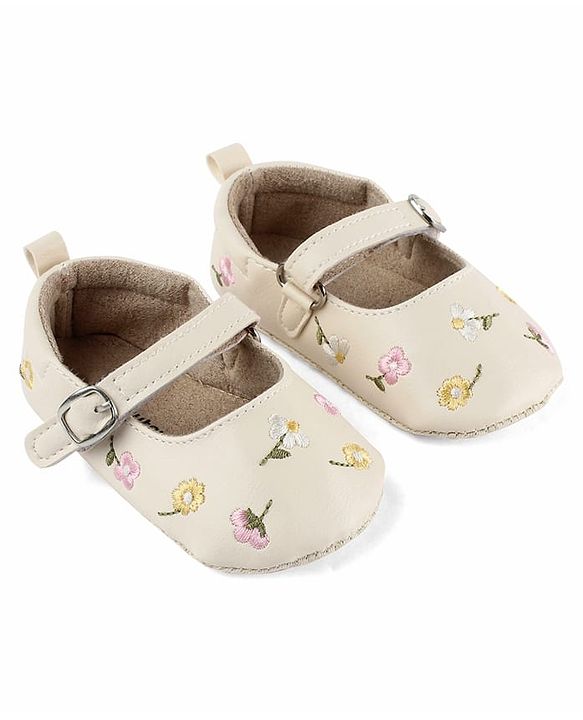 Cute Walk by Babyhug Velcro Closure Booties with Floral Embroidery - White