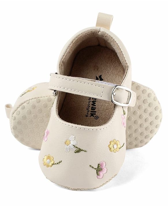 Cute Walk by Babyhug Velcro Closure Booties with Floral Embroidery - White