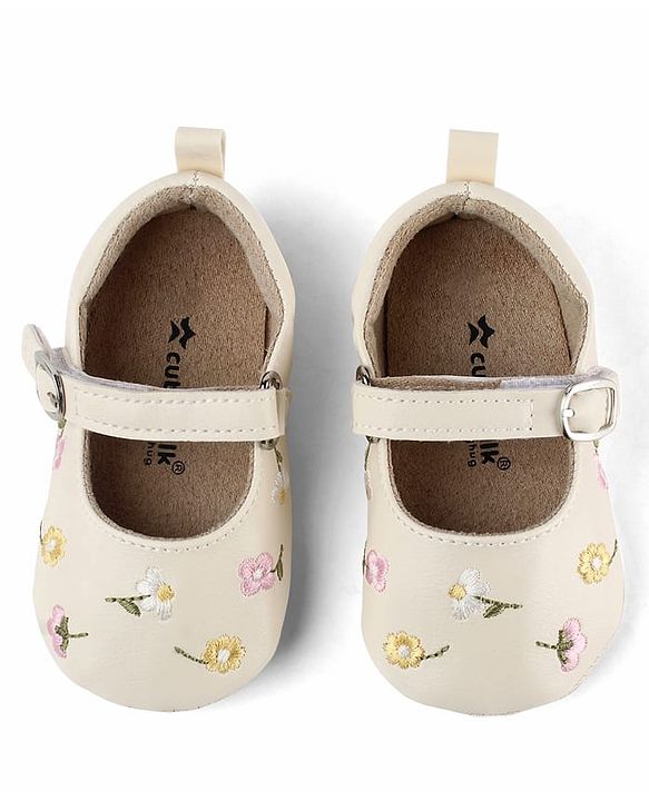 Cute Walk by Babyhug Velcro Closure Booties with Floral Embroidery - White
