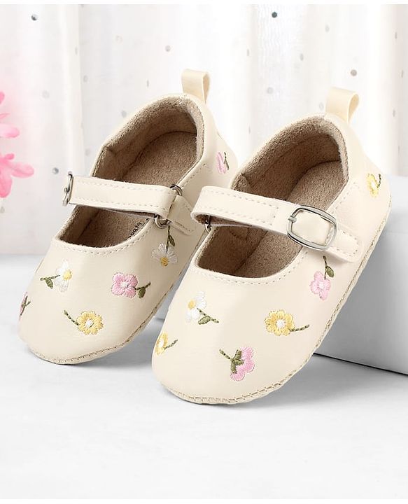 Cute Walk by Babyhug Velcro Closure Booties with Floral Embroidery - White