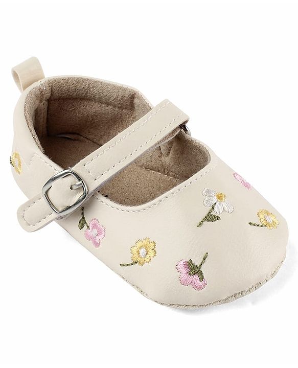 Cute Walk by Babyhug Velcro Closure Booties with Floral Embroidery - White