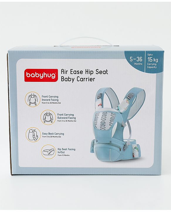 Babyhug AirEase 5-in-1 Hip Seat Baby Carrier - Blue| Lightweight & Breathable| Ergonomic Support| Foldable Head Support| Multiple Carry Positions| Carrying Capacity 15 kg| Optimum Weight Distribution