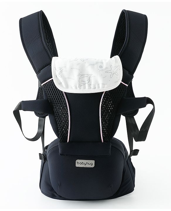 Babyhug SnugMate 5-in-1 Hip Seat Baby Carrier - Black| Premium Build| AirFlow Mesh Fabric| Foldable Head Cover| Padded Adjustable Straps| 5 Carry Positions| 15 kg Capacity| Optimum Weight Distribution