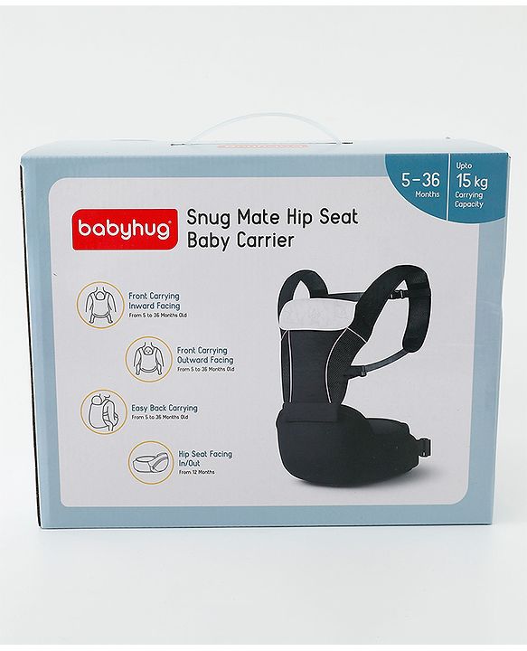 Babyhug SnugMate 5-in-1 Hip Seat Baby Carrier - Black| Premium Build| AirFlow Mesh Fabric| Foldable Head Cover| Padded Adjustable Straps| 5 Carry Positions| 15 kg Capacity| Optimum Weight Distribution