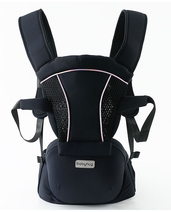 Babyhug SnugMate 5-in-1 Hip Seat Baby Carrier - Black| Premium Build| AirFlow Mesh Fabric| Foldable Head Cover| Padded Adjustable Straps| 5 Carry Positions| 15 kg Capacity| Optimum Weight Distribution