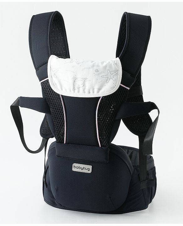 Babyhug SnugMate 5-in-1 Hip Seat Baby Carrier - Black| Premium Build| AirFlow Mesh Fabric| Foldable Head Cover| Padded Adjustable Straps| 5 Carry Positions| 15 kg Capacity| Optimum Weight Distribution