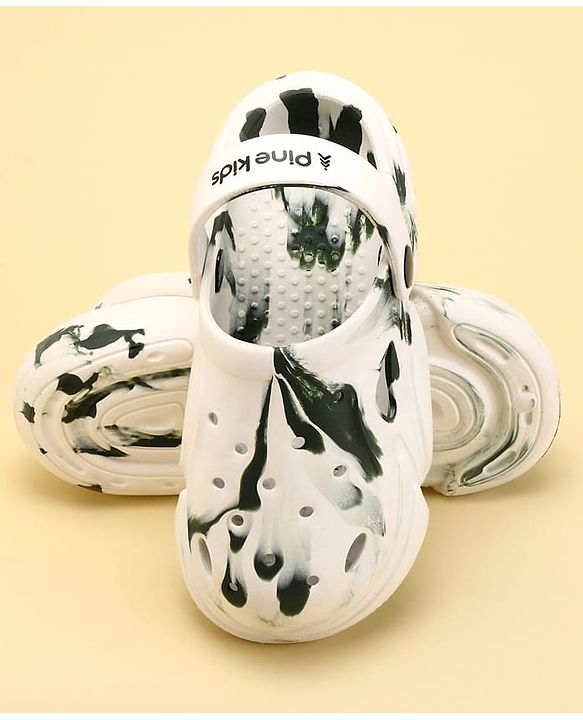 Pine Kids Back Strap Closure Abstract Printed Clogs - White & Green
