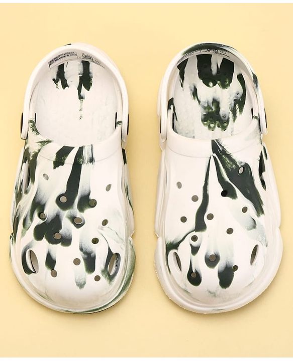 Pine Kids Back Strap Closure Abstract Printed Clogs - White & Green