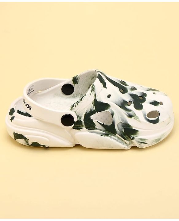 Pine Kids Back Strap Closure Abstract Printed Clogs - White & Green