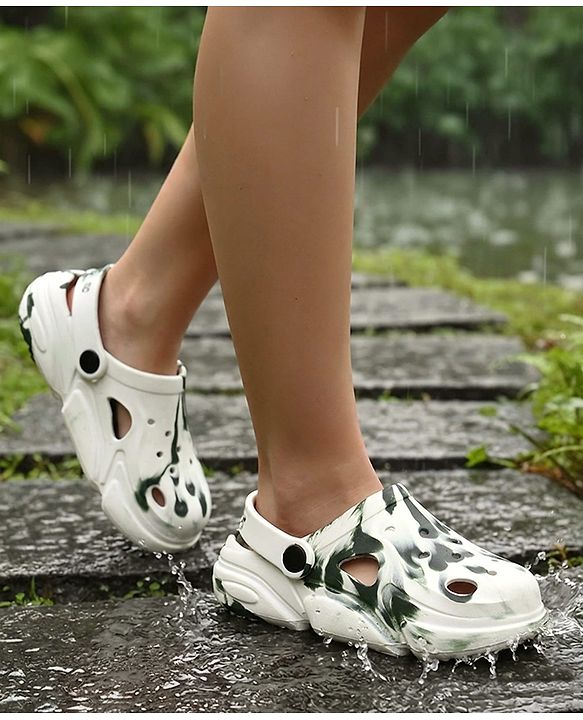 Pine Kids Back Strap Closure Abstract Printed Clogs - White & Green