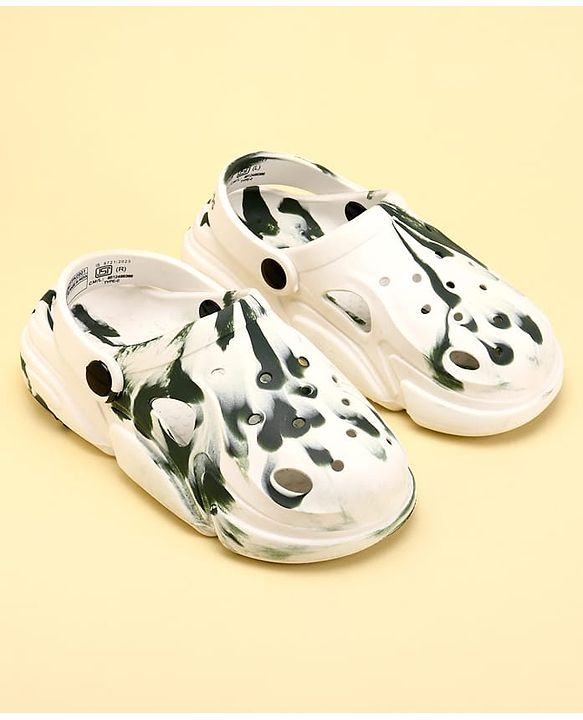 Pine Kids Back Strap Closure Abstract Printed Clogs - White & Green