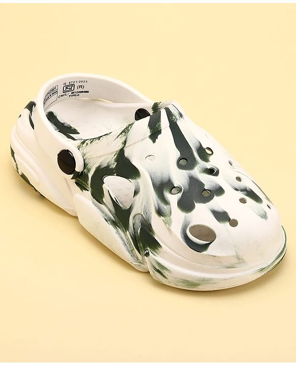 Pine Kids Back Strap Closure Abstract Printed Clogs - White & Green