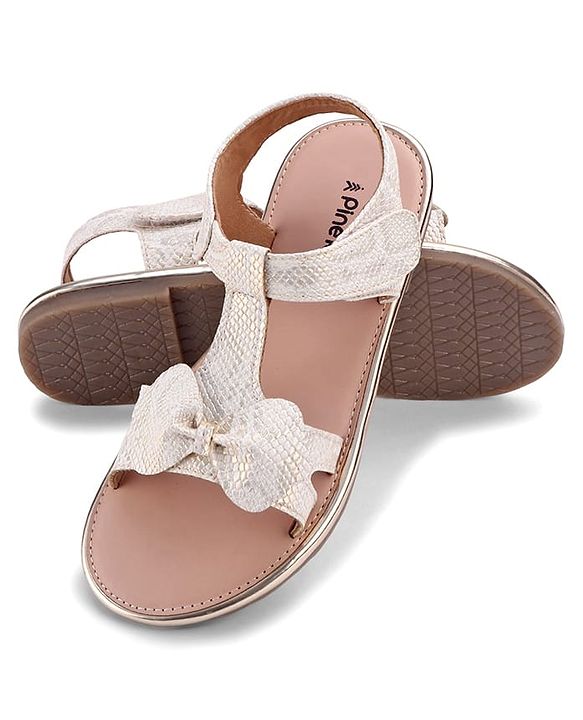 Pine Kids Sandals With Velcro Closure & Bow Applique - Golden