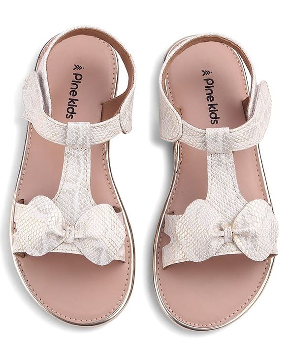 Pine Kids Sandals With Velcro Closure & Bow Applique - Golden