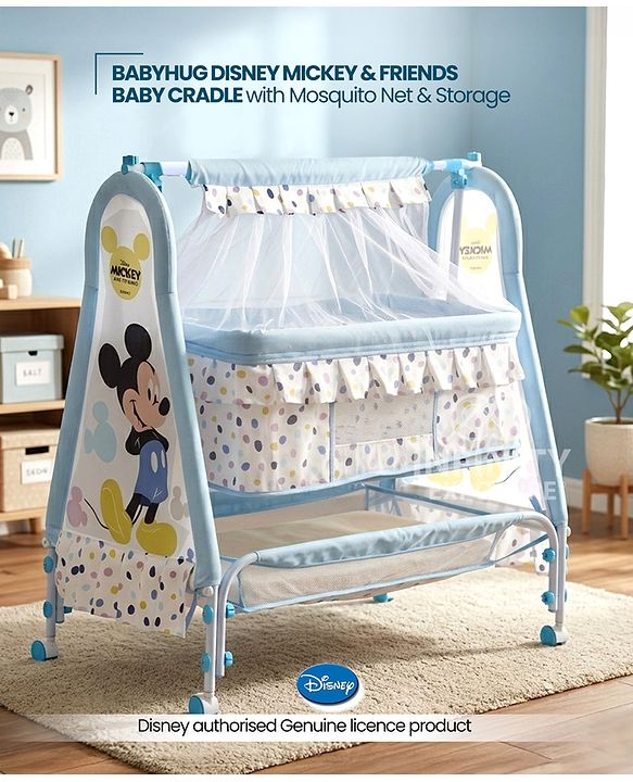 Babyhug Disney Mickey & Friends Baby Cradle with Mosquito Net & Storage  Blue| Tool Free Easy Assemble| Swing Lock| Wheels with Lock| Side Mesh Window| Smootgh Noise Free Swing