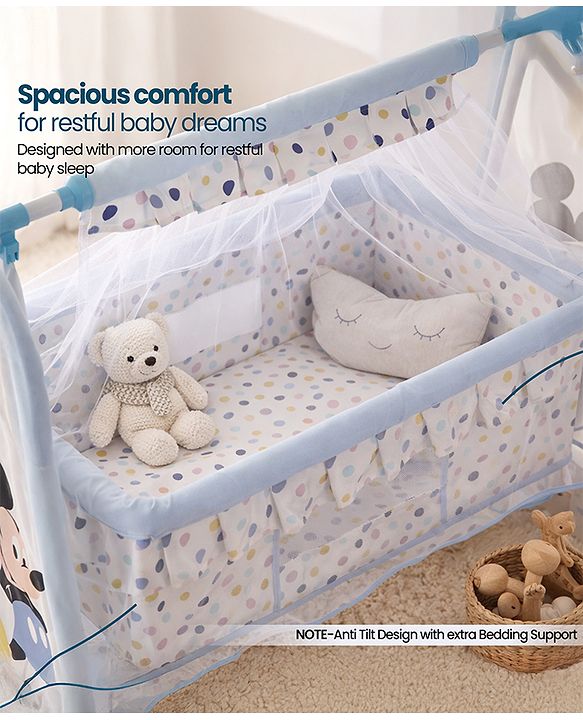 Babyhug Disney Mickey & Friends Baby Cradle with Mosquito Net & Storage  Blue| Tool Free Easy Assemble| Swing Lock| Wheels with Lock| Side Mesh Window| Smootgh Noise Free Swing