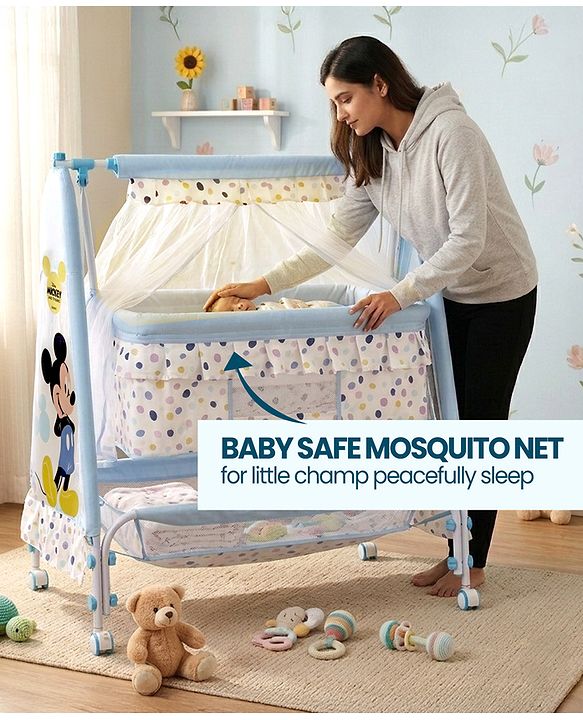 Babyhug Disney Mickey & Friends Baby Cradle with Mosquito Net & Storage  Blue| Tool Free Easy Assemble| Swing Lock| Wheels with Lock| Side Mesh Window| Smootgh Noise Free Swing