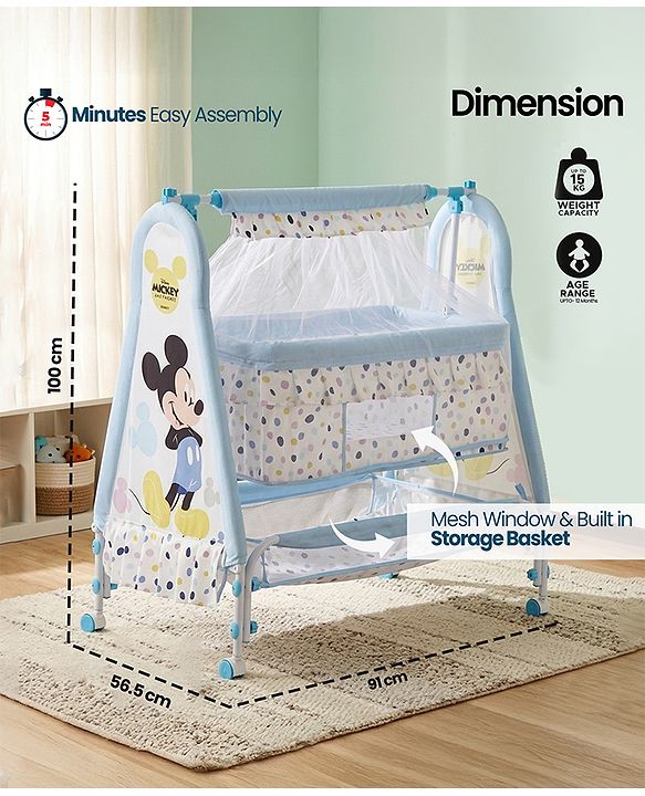 Babyhug Disney Mickey & Friends Baby Cradle with Mosquito Net & Storage  Blue| Tool Free Easy Assemble| Swing Lock| Wheels with Lock| Side Mesh Window| Smootgh Noise Free Swing