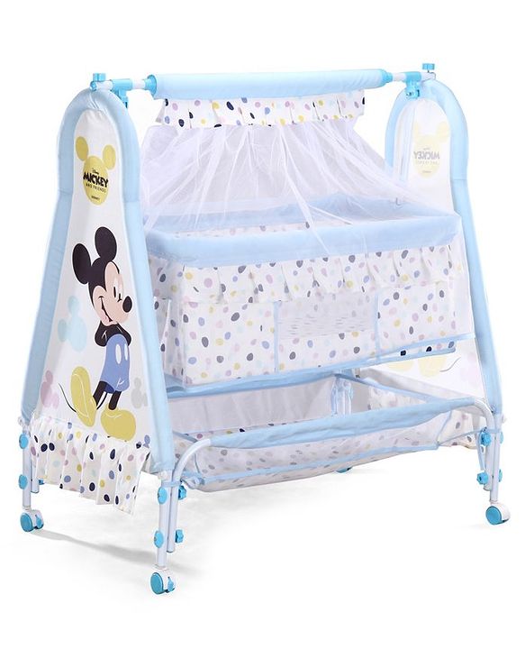 Babyhug Disney Mickey & Friends Baby Cradle with Mosquito Net & Storage  Blue| Tool Free Easy Assemble| Swing Lock| Wheels with Lock| Side Mesh Window| Smootgh Noise Free Swing