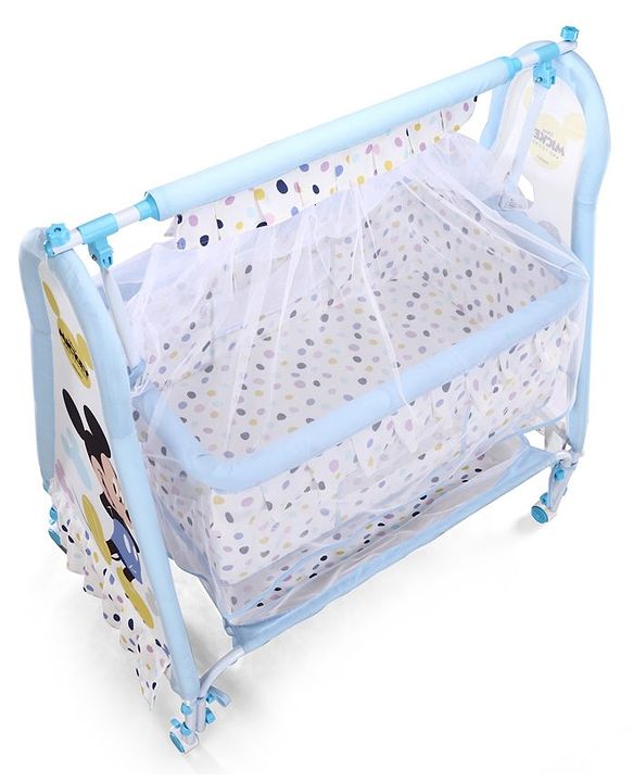 Babyhug Disney Mickey & Friends Baby Cradle with Mosquito Net & Storage  Blue| Tool Free Easy Assemble| Swing Lock| Wheels with Lock| Side Mesh Window| Smootgh Noise Free Swing