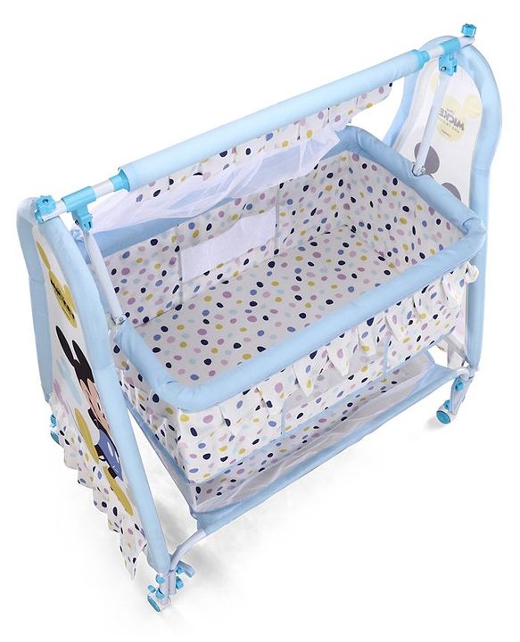 Babyhug Disney Mickey & Friends Baby Cradle with Mosquito Net & Storage  Blue| Tool Free Easy Assemble| Swing Lock| Wheels with Lock| Side Mesh Window| Smootgh Noise Free Swing