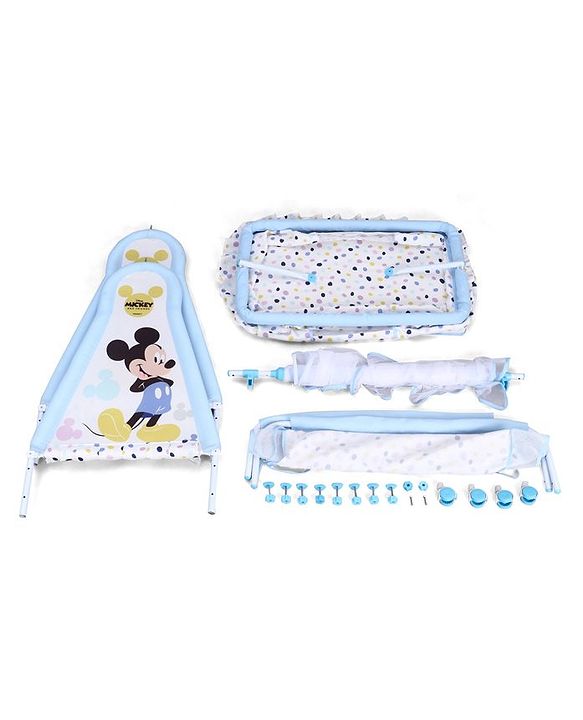 Babyhug Disney Mickey & Friends Baby Cradle with Mosquito Net & Storage  Blue| Tool Free Easy Assemble| Swing Lock| Wheels with Lock| Side Mesh Window| Smootgh Noise Free Swing