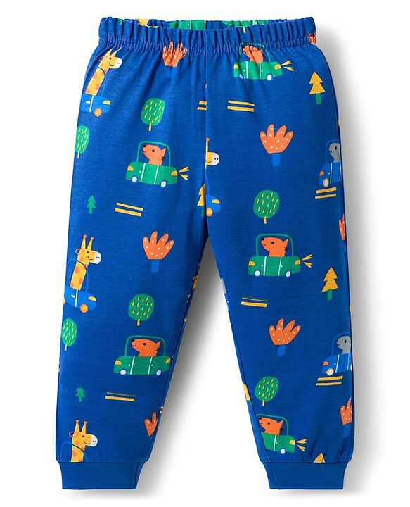 Babyhug Cotton Knit Full Sleeves Co-ords Night Suit With Animal Print - Navy Blue