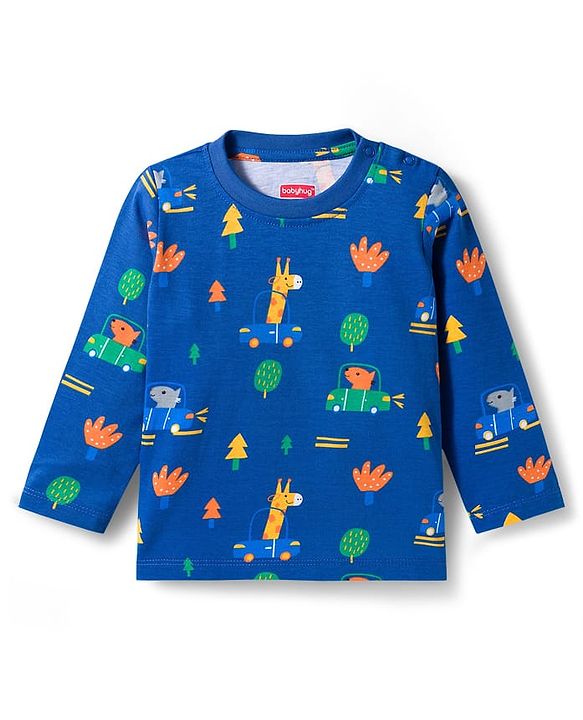 Babyhug Cotton Knit Full Sleeves Co-ords Night Suit With Animal Print - Navy Blue