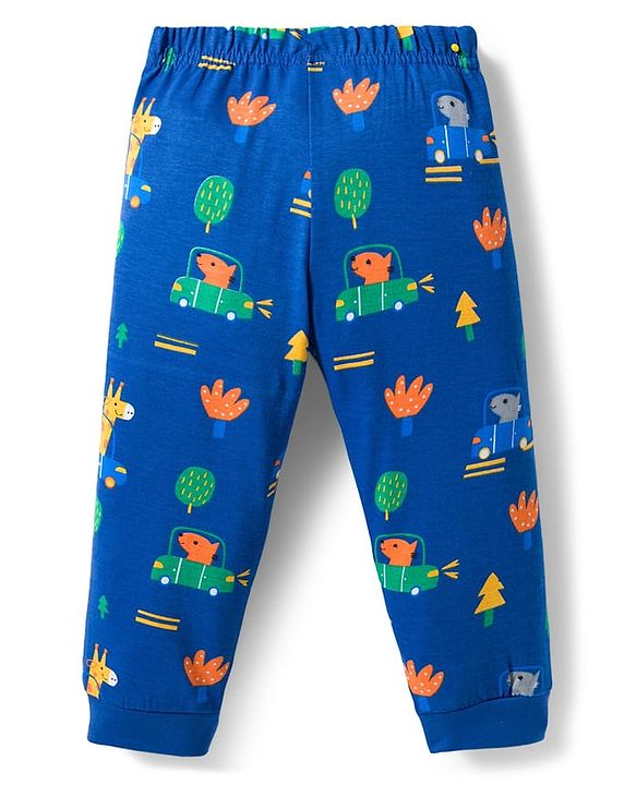 Babyhug Cotton Knit Full Sleeves Co-ords Night Suit With Animal Print - Navy Blue