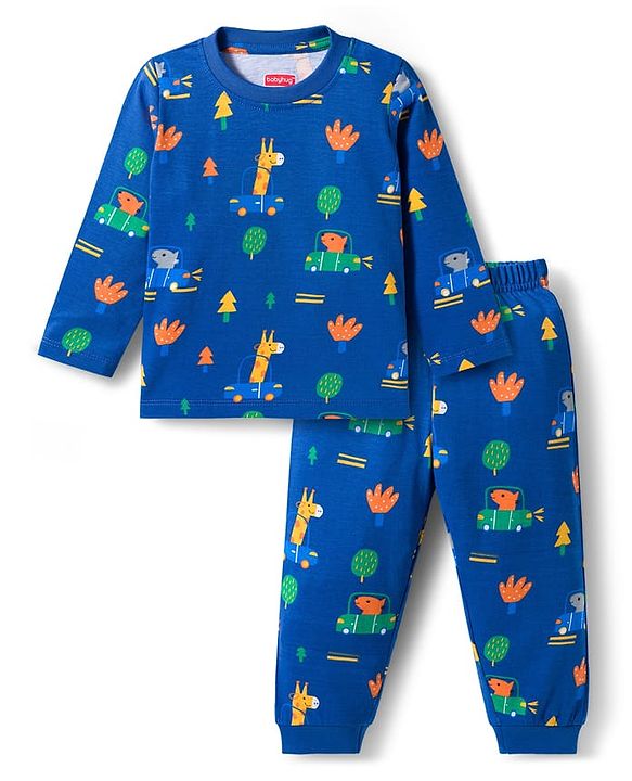 Babyhug Cotton Knit Full Sleeves Co-ords Night Suit With Animal Print - Navy Blue