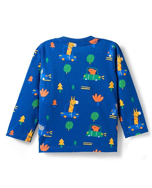 Babyhug Cotton Knit Full Sleeves Co-ords Night Suit With Animal Print - Navy Blue