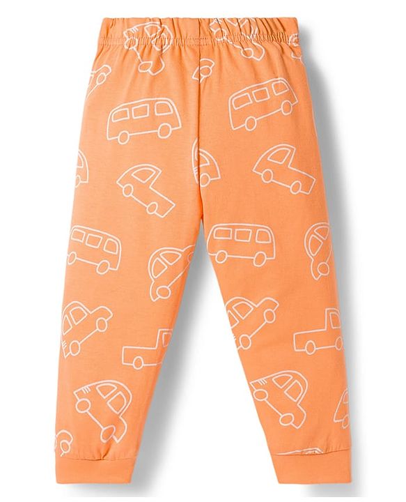 Babyhug Cotton Knit Full Sleeves Co-ords Night Suit With Vehicle Print - Orange