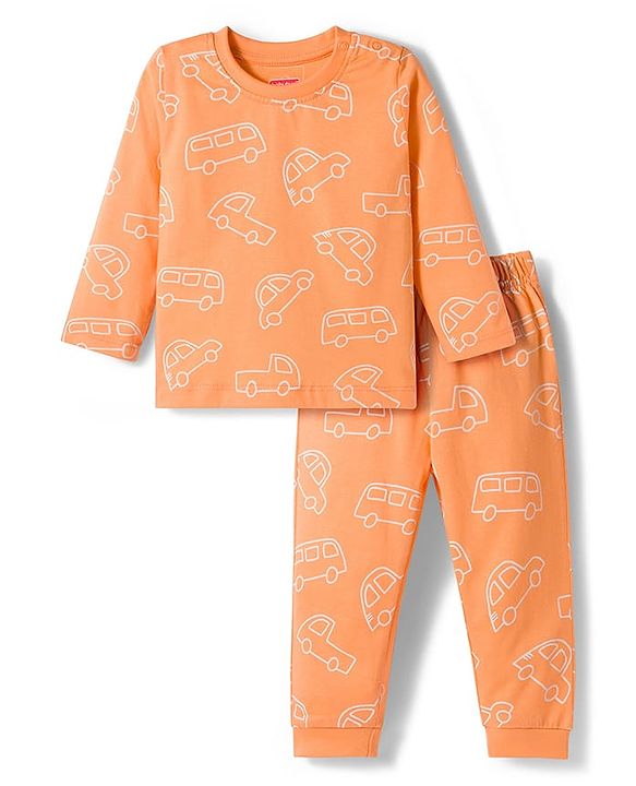 Babyhug Cotton Knit Full Sleeves Co-ords Night Suit With Vehicle Print - Orange