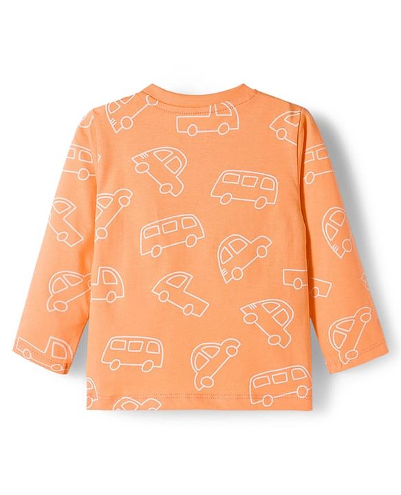 Babyhug Cotton Knit Full Sleeves Co-ords Night Suit With Vehicle Print - Orange