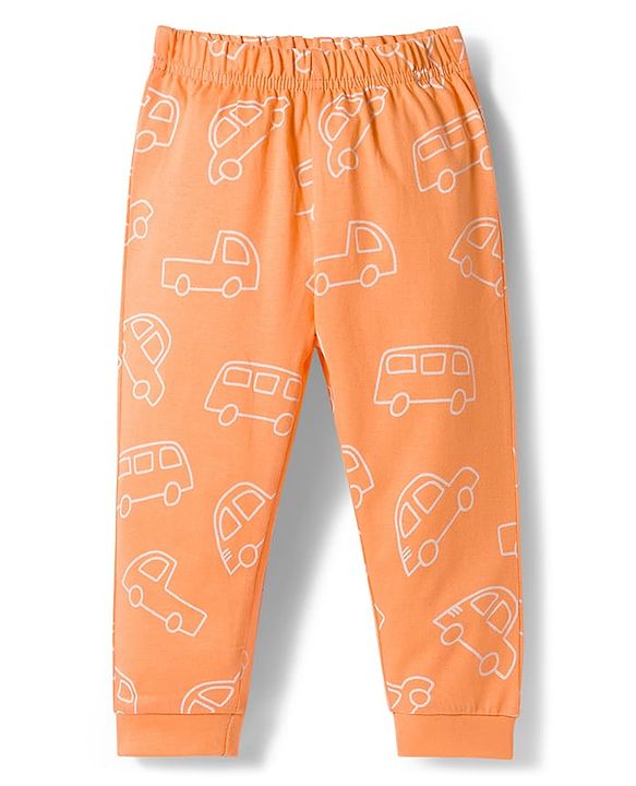 Babyhug Cotton Knit Full Sleeves Co-ords Night Suit With Vehicle Print - Orange
