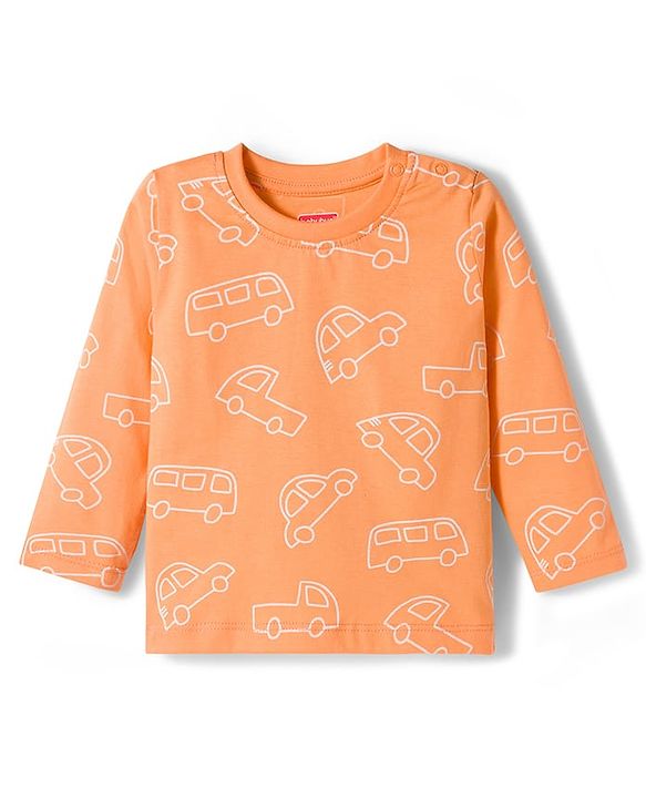 Babyhug Cotton Knit Full Sleeves Co-ords Night Suit With Vehicle Print - Orange