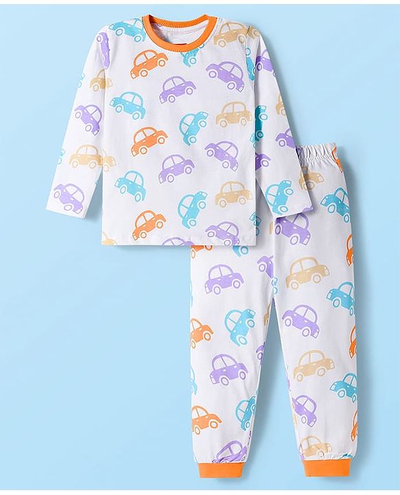 Babyhug Cotton Knit Full Sleeves Co-ords Night Suit with Car Print - White