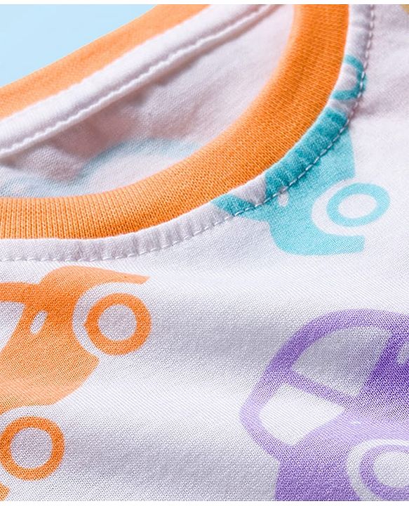 Babyhug Cotton Knit Full Sleeves Co-ords Night Suit with Car Print - White