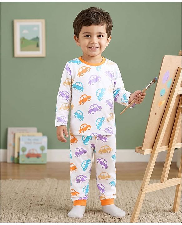 Babyhug Cotton Knit Full Sleeves Co-ords Night Suit with Car Print - White