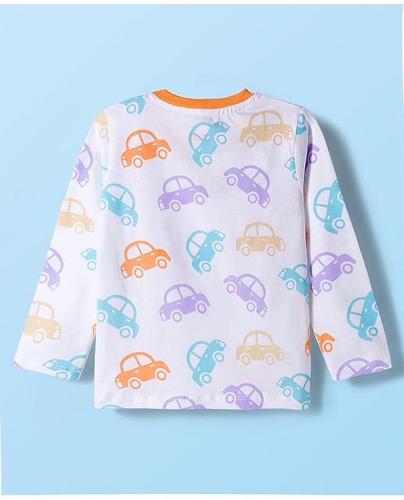 Babyhug Cotton Knit Full Sleeves Co-ords Night Suit with Car Print - White