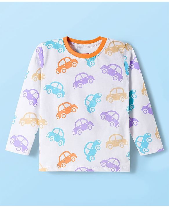 Babyhug Cotton Knit Full Sleeves Co-ords Night Suit with Car Print - White
