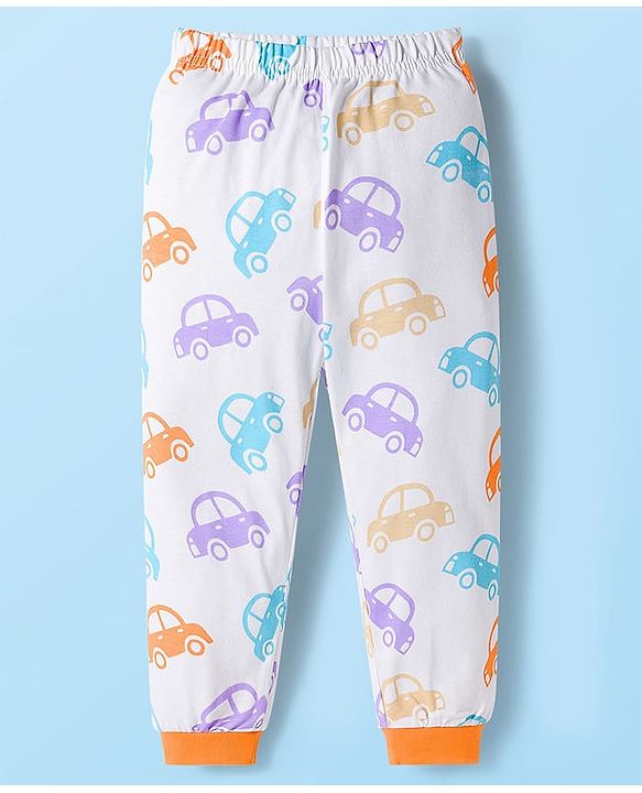 Babyhug Cotton Knit Full Sleeves Co-ords Night Suit with Car Print - White