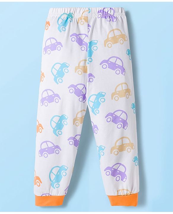 Babyhug Cotton Knit Full Sleeves Co-ords Night Suit with Car Print - White