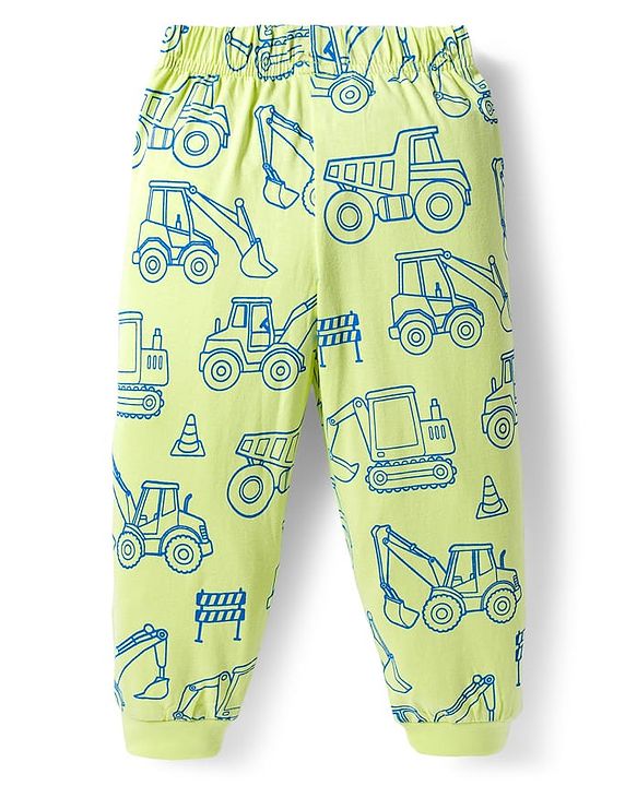 Babyhug Cotton Knit Full Sleeves Night Suit With Vehicle Print - Green