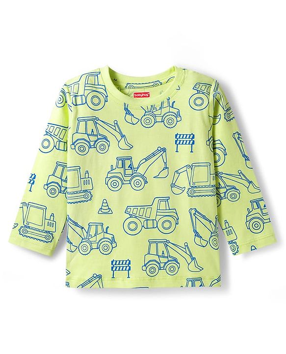 Babyhug Cotton Knit Full Sleeves Night Suit With Vehicle Print - Green