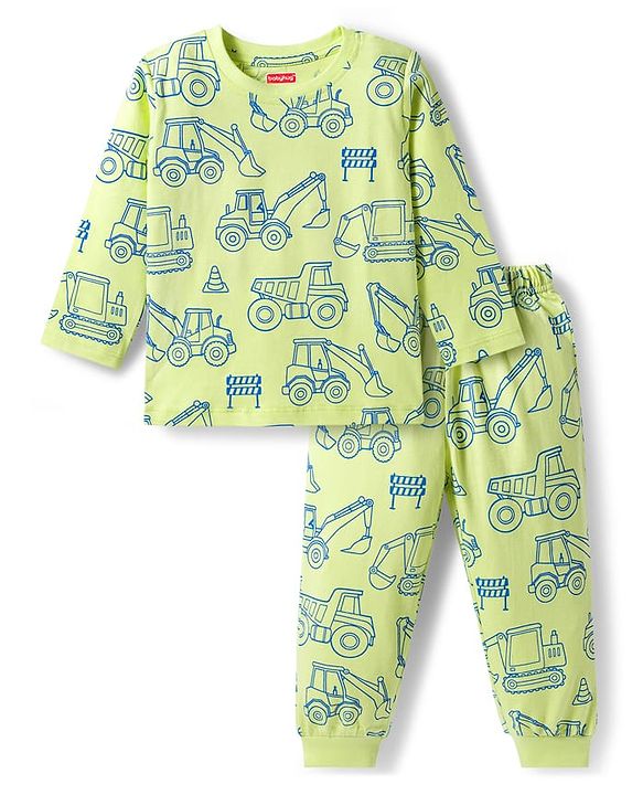 Babyhug Cotton Knit Full Sleeves Night Suit With Vehicle Print - Green