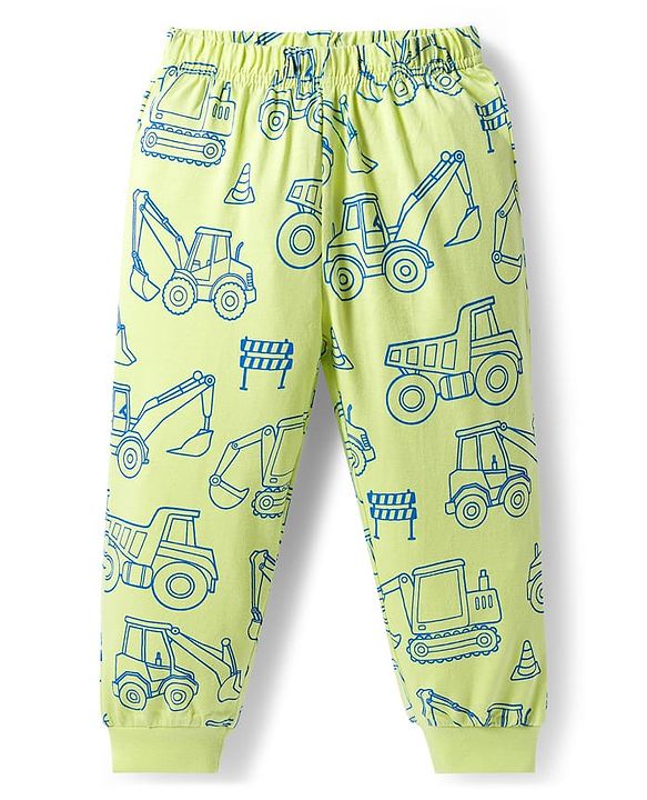 Babyhug Cotton Knit Full Sleeves Night Suit With Vehicle Print - Green